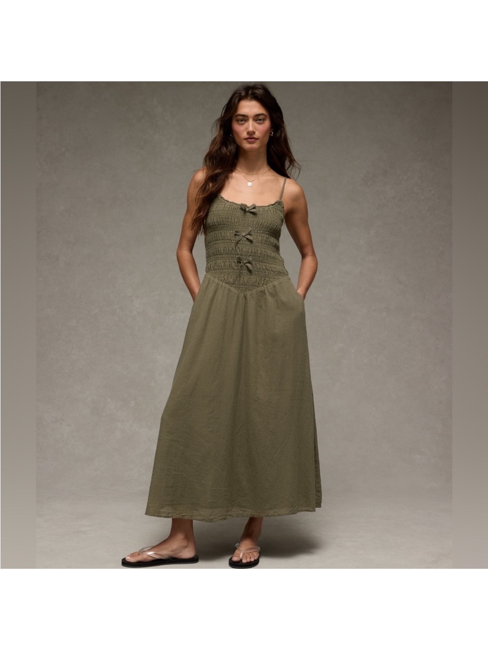 American Eagle Outfitters Olive Green Smocked Maxi Dress